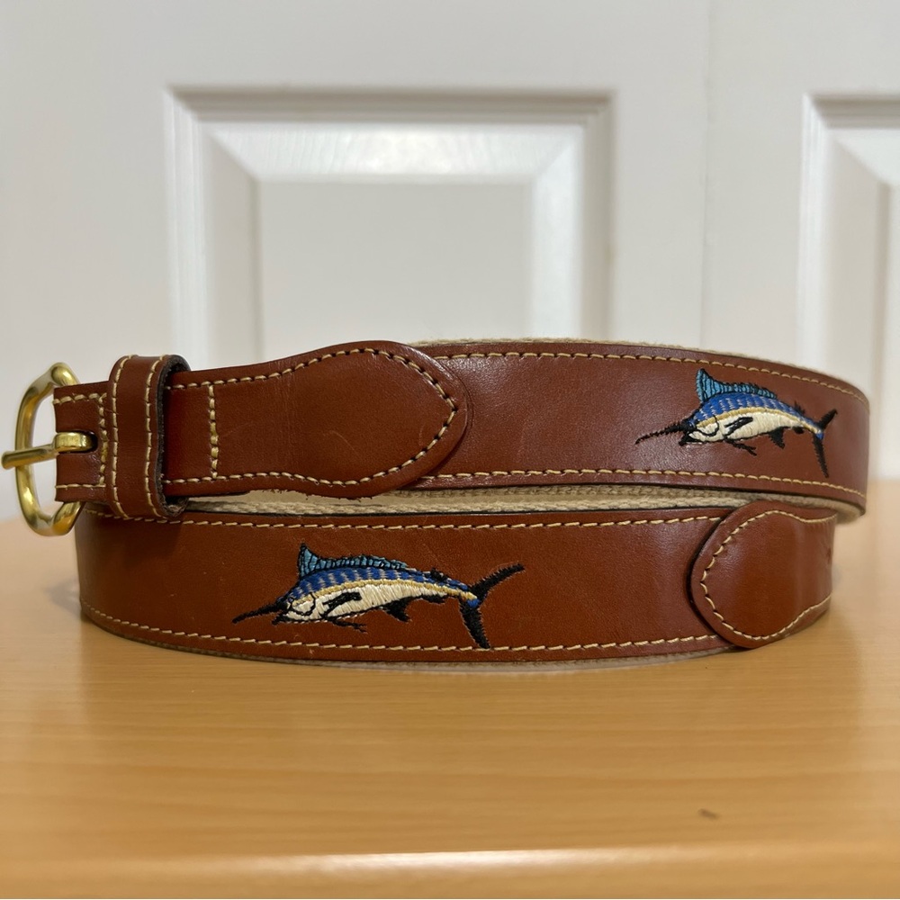 Leather Man Ltd Brown Leather Belt Solid Brass Marlin Embroidery Size 34 USA